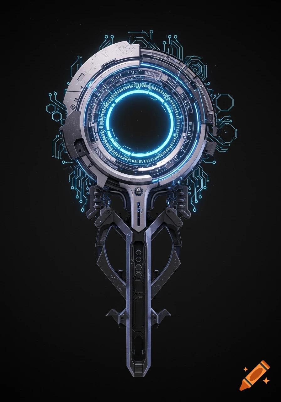 A futuristic, cybernetic sigil or device with a glowing blue ring and intricate circuit patterns on a dark background.