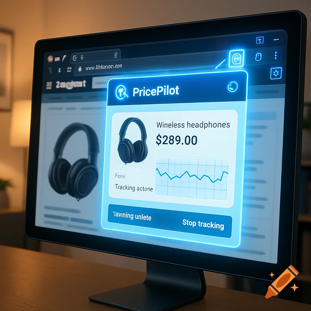 A computer monitor displays an e-commerce product page with a price tracking extension popup showing wireless headphones and price data.