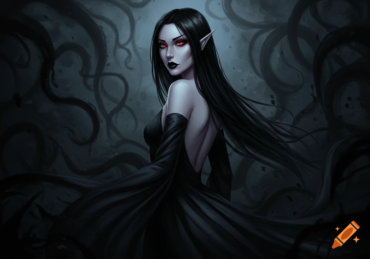 A dark fantasy illustration of a female shadow demon with pale skin, long black hair, red eyes, and black lipstick, wearing a black dress, against a shadowy, swirling background.