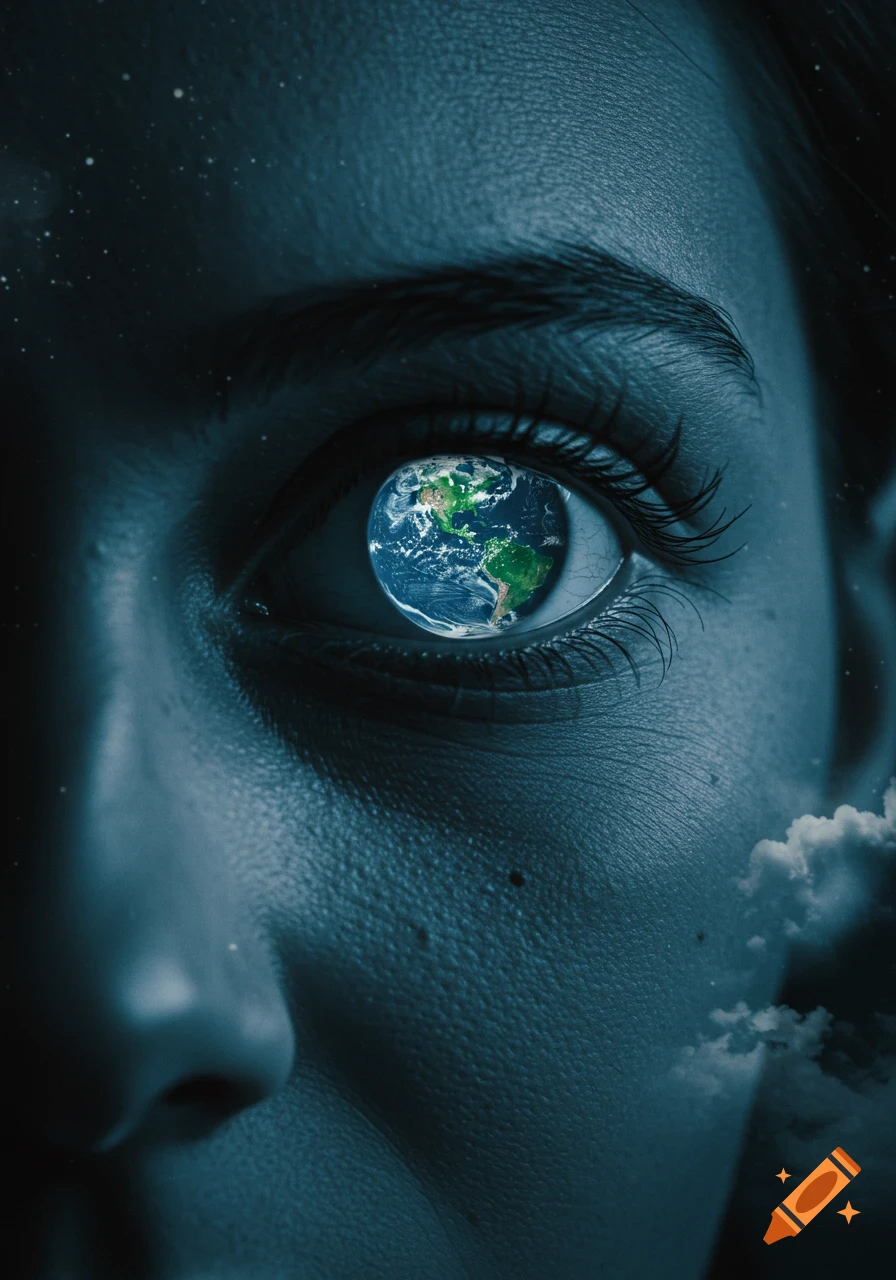 Close-up of a person's eye with the Earth as the iris, set against a dark, starry sky.