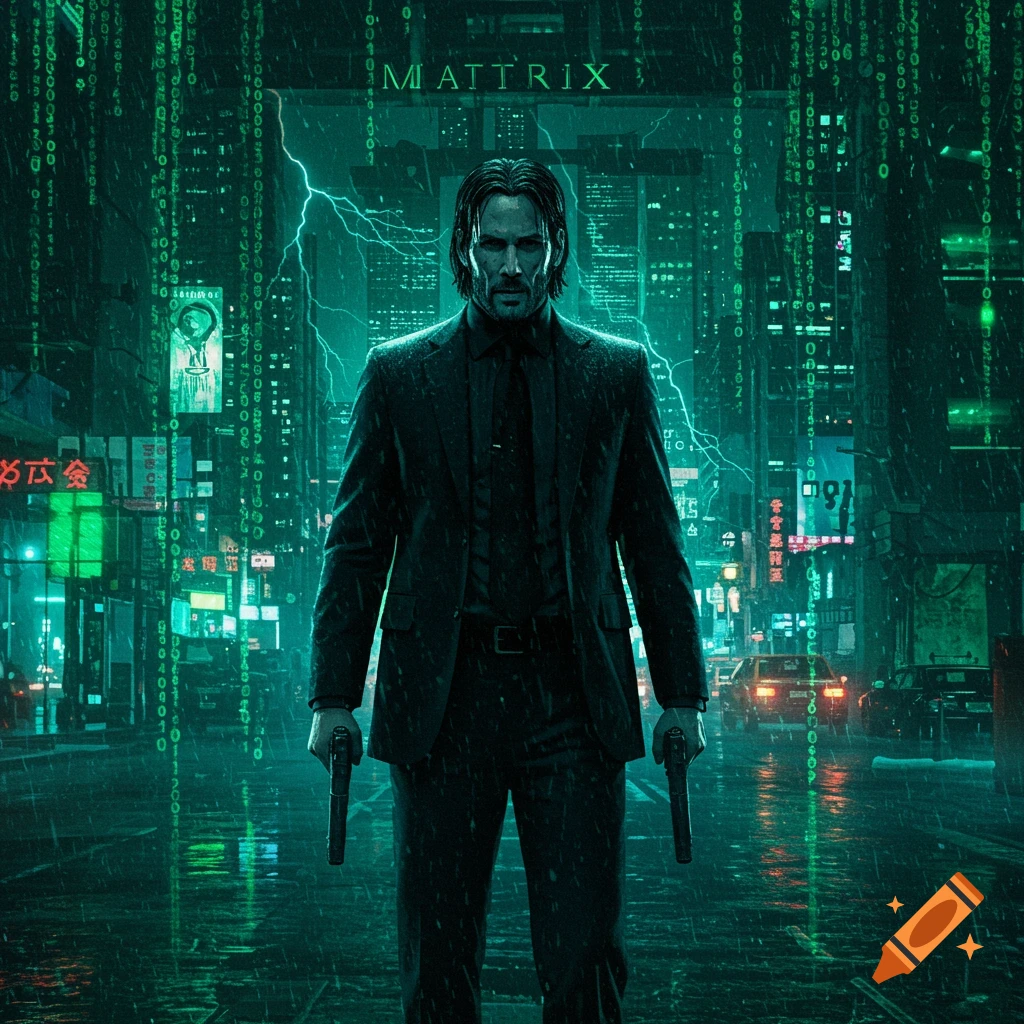 John Wick stands in a rainy, neon-lit city street with green Matrix code falling, holding two pistols in a dark suit.