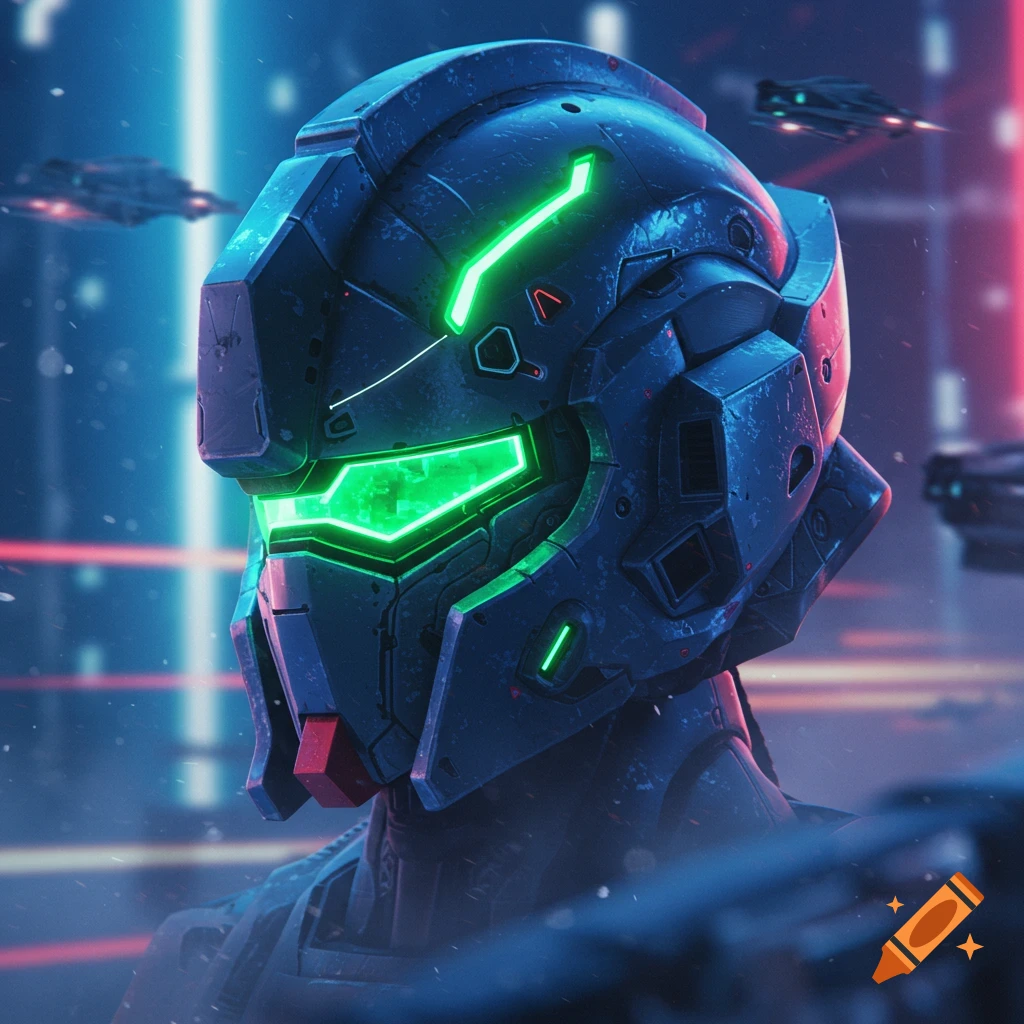 Close-up of a futuristic dark blue robot helmet with glowing green visor and accents, set against a blurry neon cityscape.