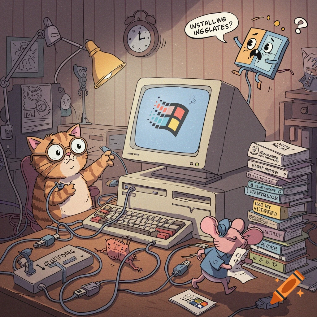 A cartoon cat with glasses and a mouse are attempting to install Windows on a vintage computer, surrounded by wires and books. A Windows icon character asks "INSTALLING INGGLATES?".