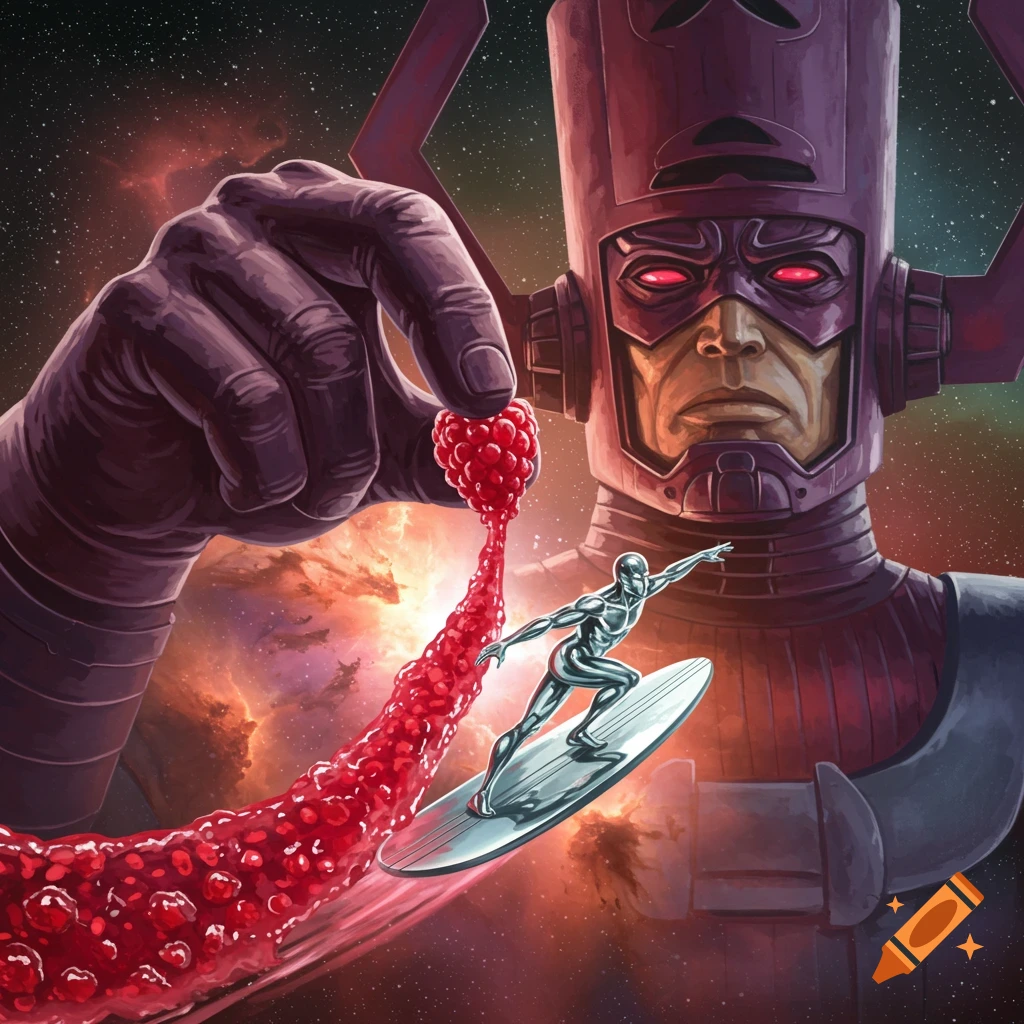 Giant Galactus holds a raspberry dripping jam over Silver Surfer on his board in space, in a comic book style.