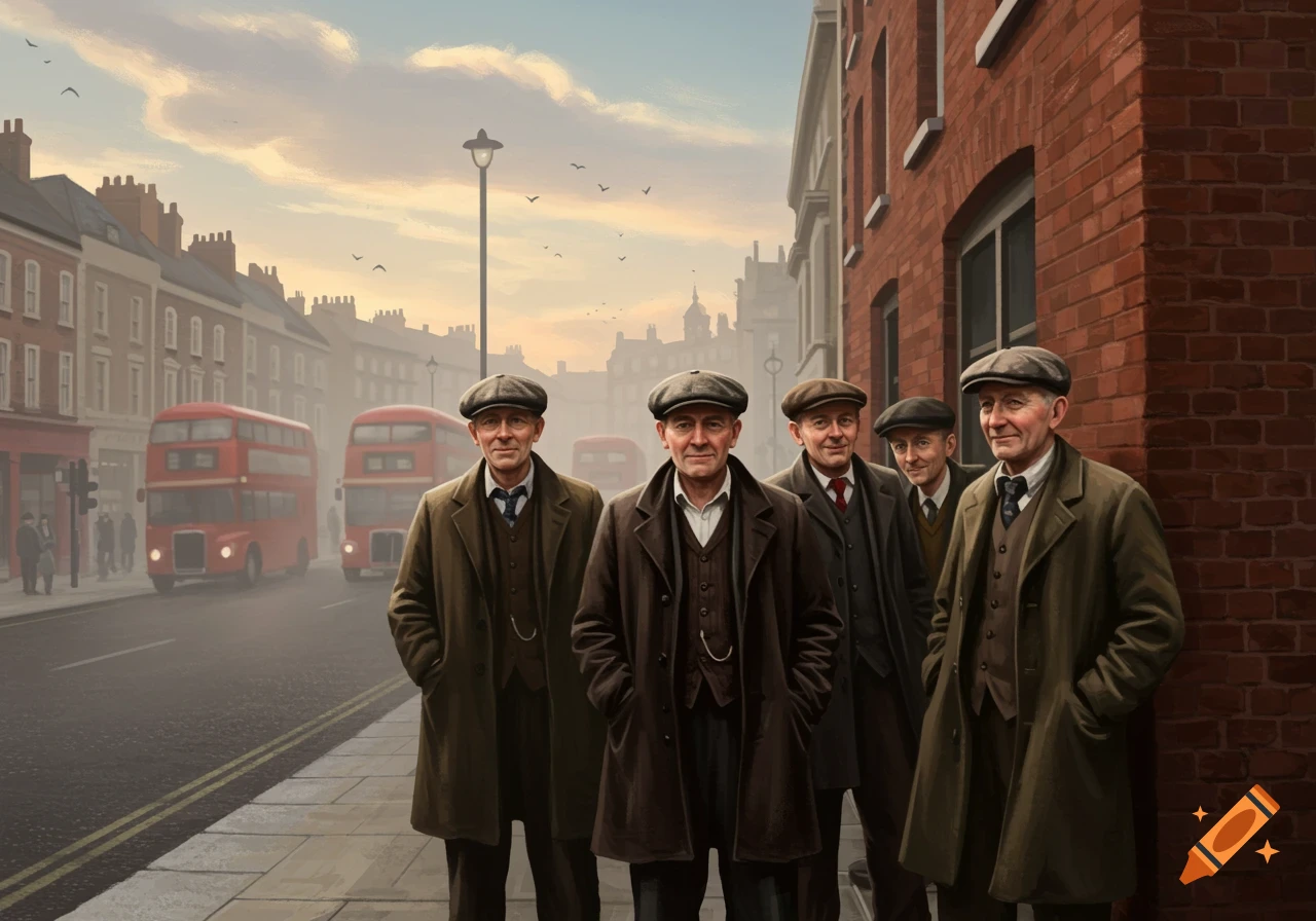 Old men in flat caps stand on a London street with red double-decker buses in the background.