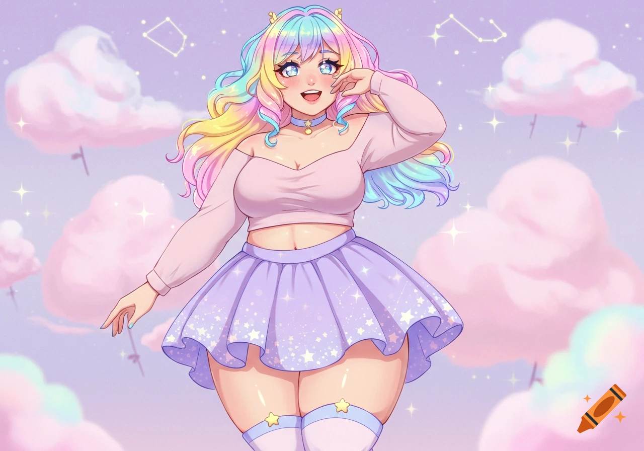 A happy anime girl with long rainbow hair, wearing a light pink crop top and a star-studded purple skirt, standing in a pastel purple sky with pink clouds and constellations.