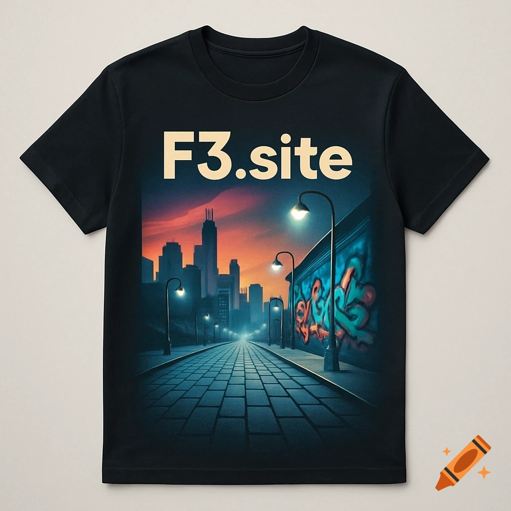 Black t-shirt featuring an urban street scene with a paved road, streetlights, city skyline at sunset, graffiti, and 'F3.site' text.