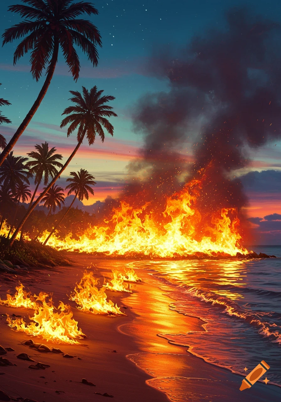 A tropical beach ablaze with large fires along the shoreline and on the water at sunset, with palm trees silhouetted against the sky.