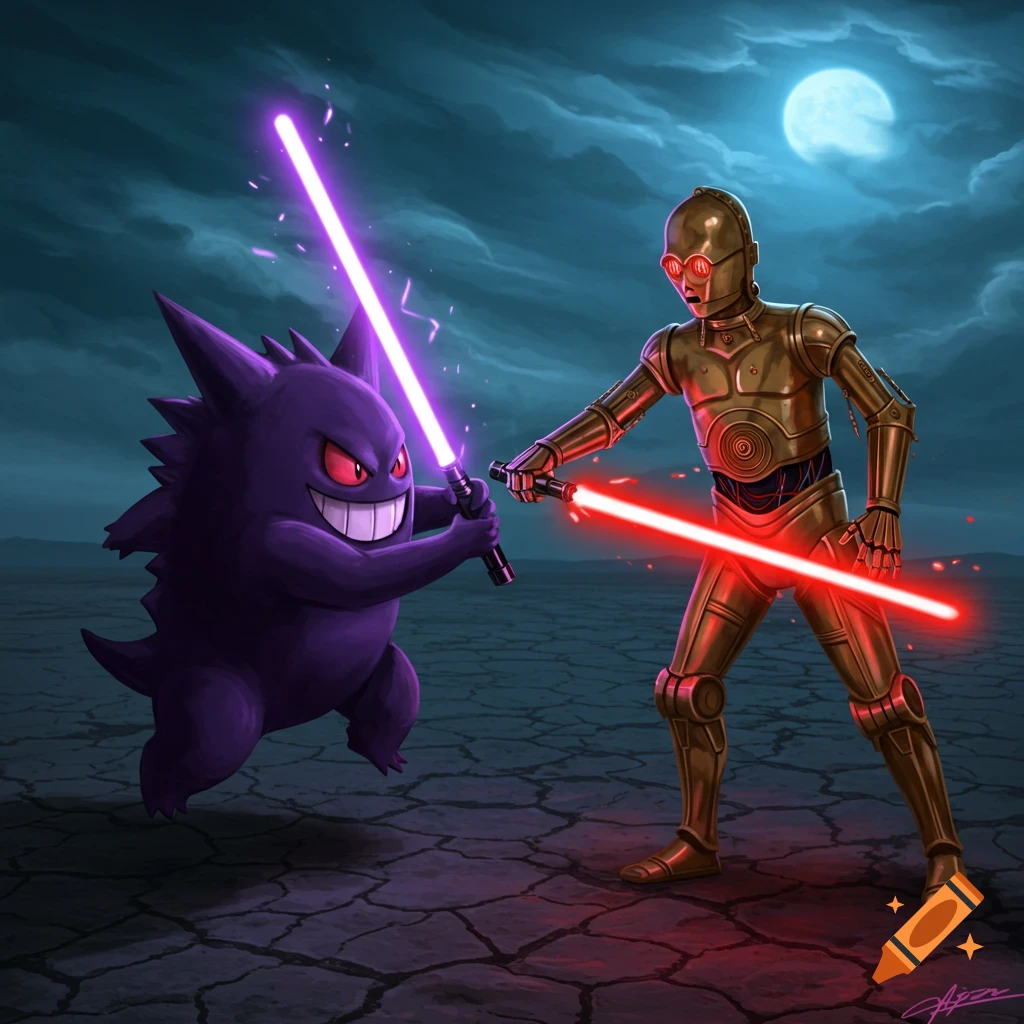 Gengar with a purple lightsaber dueling an evil C-3PO with a red lightsaber under a full moon.