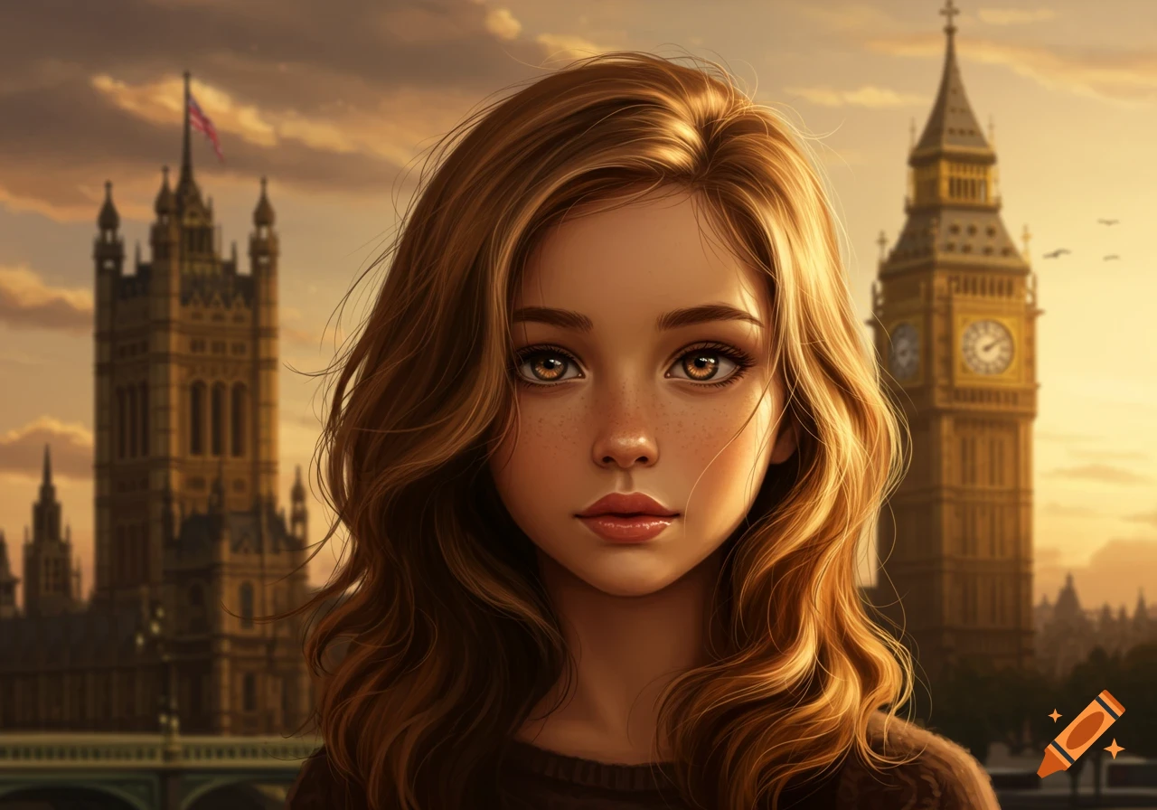Digital art portrait of a girl with golden brown hair and large eyes, with the Houses of Parliament and Big Ben in the background at sunset.