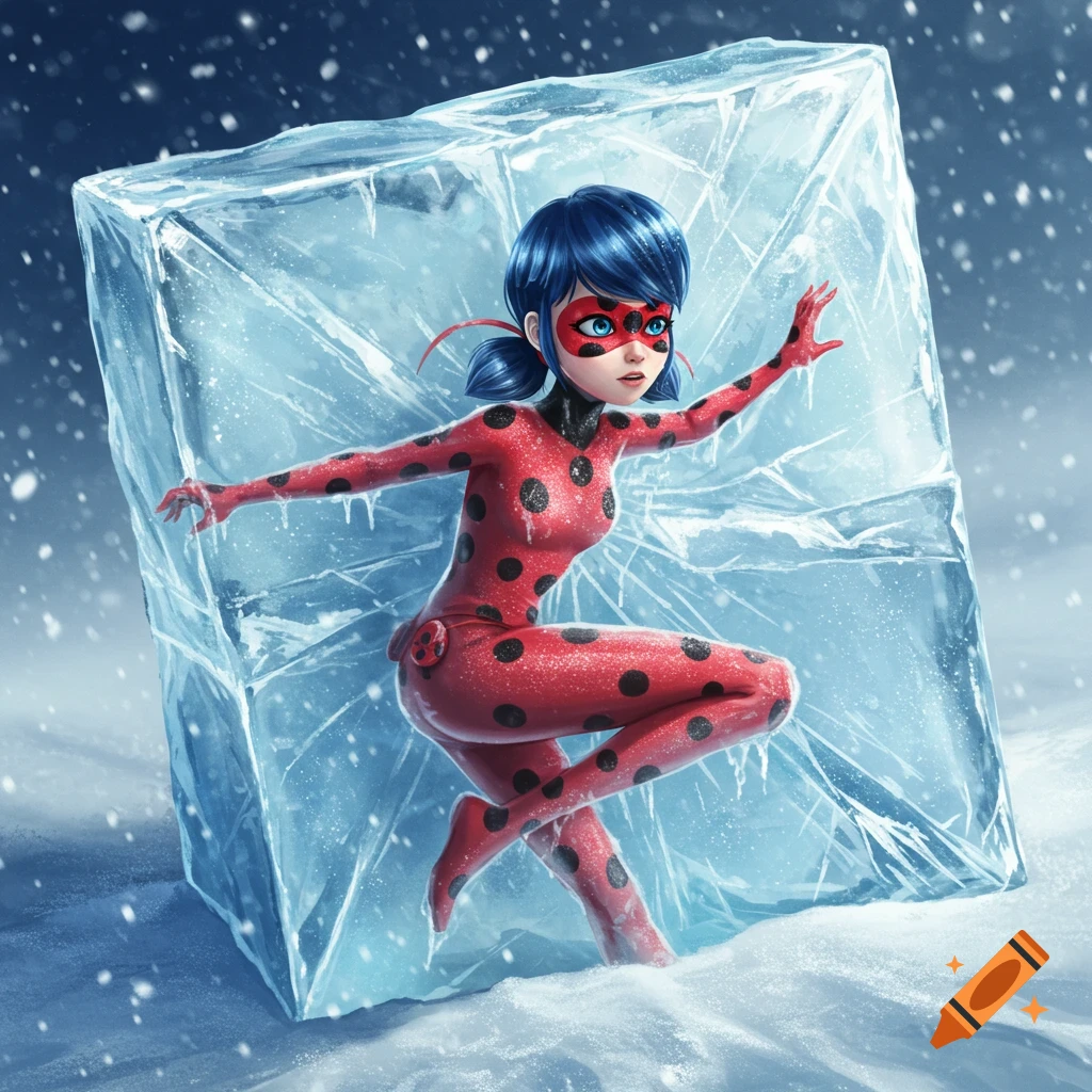 Ladybug, wearing her red and black polka-dotted suit, is frozen inside a large block of ice in a snowy, winter landscape.