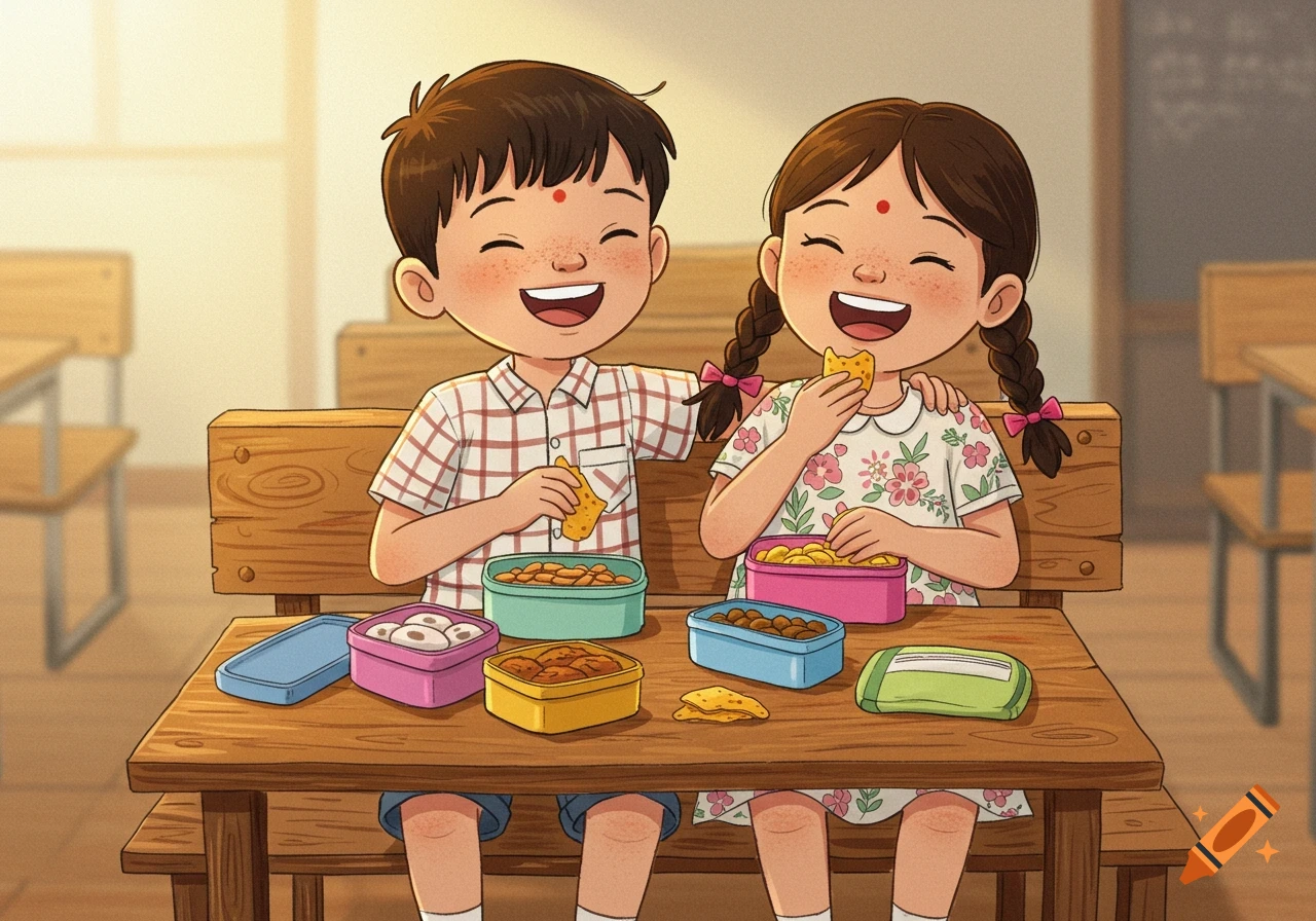 Two happy Indian children, a boy and a girl, laughing and sharing snacks at a wooden school desk, in a cute cartoon style.