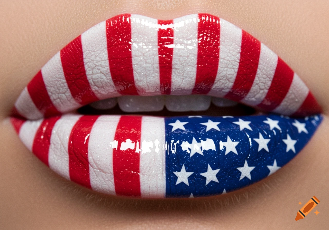Close-up of glossy lips painted with the American flag design, featuring red and white stripes on the top lip and blue with white stars on the bottom.