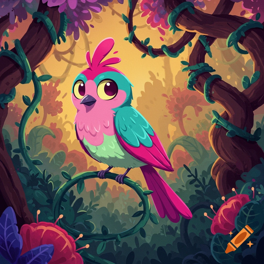 A vibrant pink, teal, and green cartoon bird with large eyes perches on a vine in a lush, colorful forest.