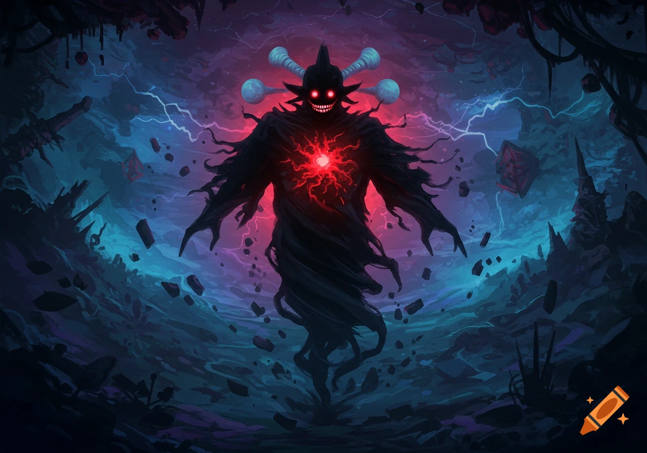 A dark, shadowy monster with glowing red eyes and a pulsating red core, surrounded by a swirling, stormy cavern in blue and red. Fantasy art style.
