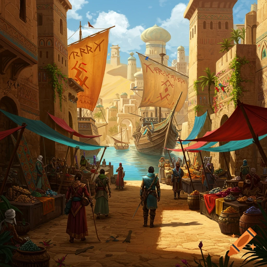 A vibrant fantasy port city with bustling market stalls and large ships docked in a harbor under a clear sky.