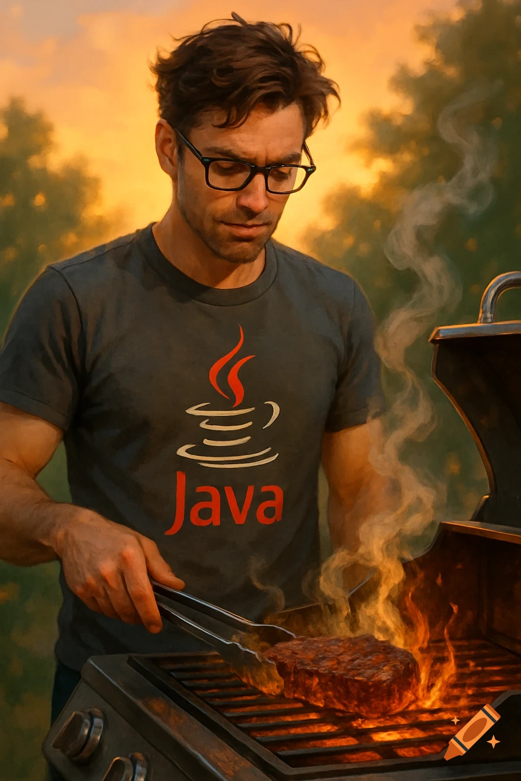 A man with glasses and a Java logo t-shirt grilling a steak outdoors at sunset.