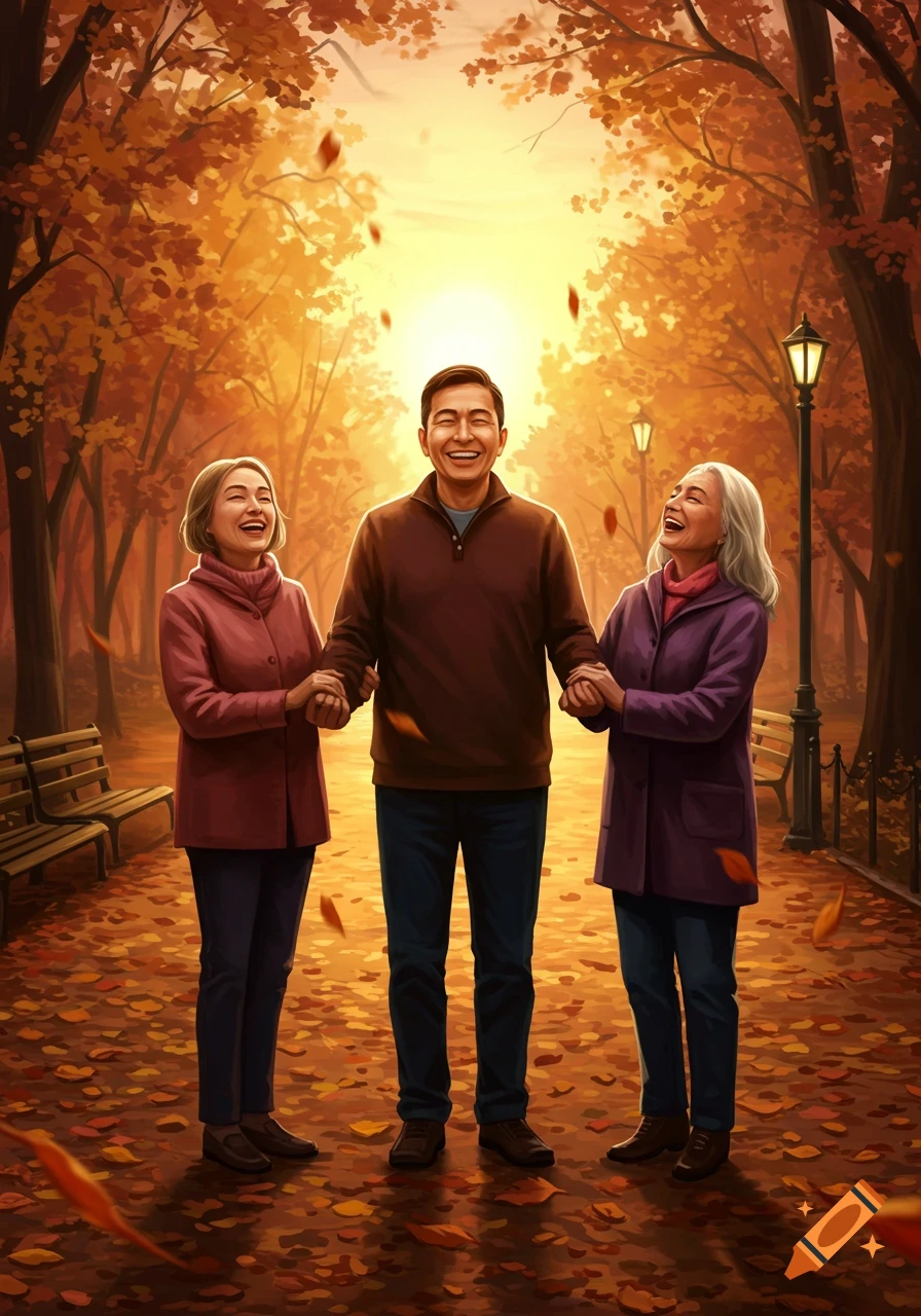 Three smiling adults, a man and two women, hold hands on an autumn park path with golden light and falling leaves in a painterly style.