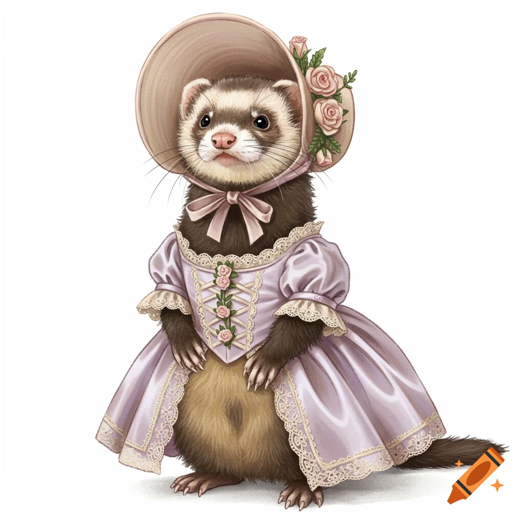 A charming ferret in a detailed lavender ball gown and matching bonnet adorned with pink roses, against a white background.