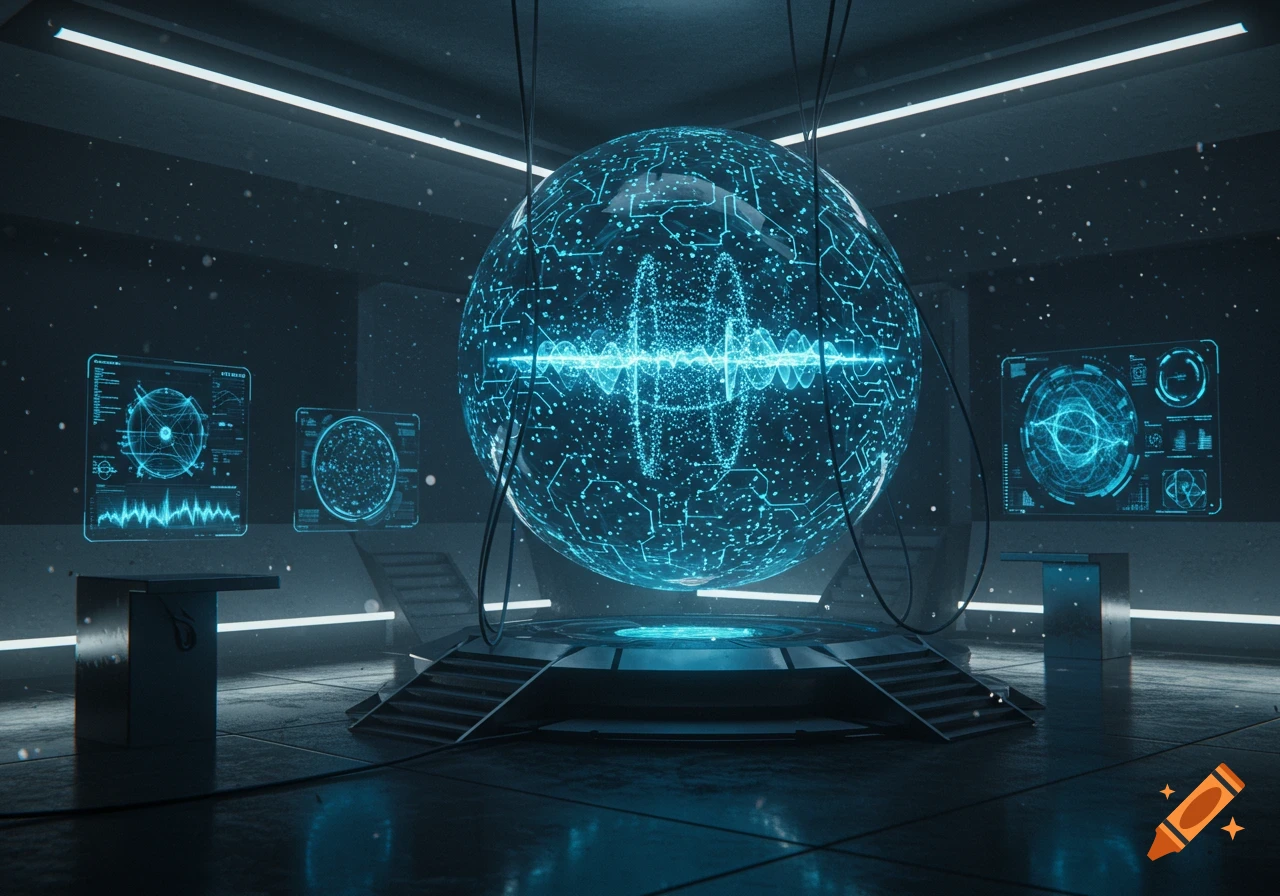 A large glowing blue sphere with circuit patterns and a central waveform in a dark, futuristic laboratory with illuminated data screens.