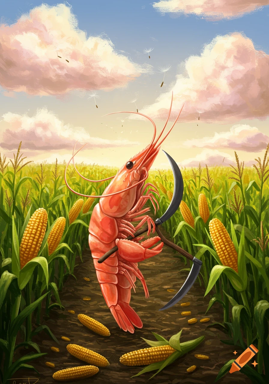 A large red shrimp stands in a vibrant green cornfield, holding a scythe, under a blue sky with fluffy clouds.