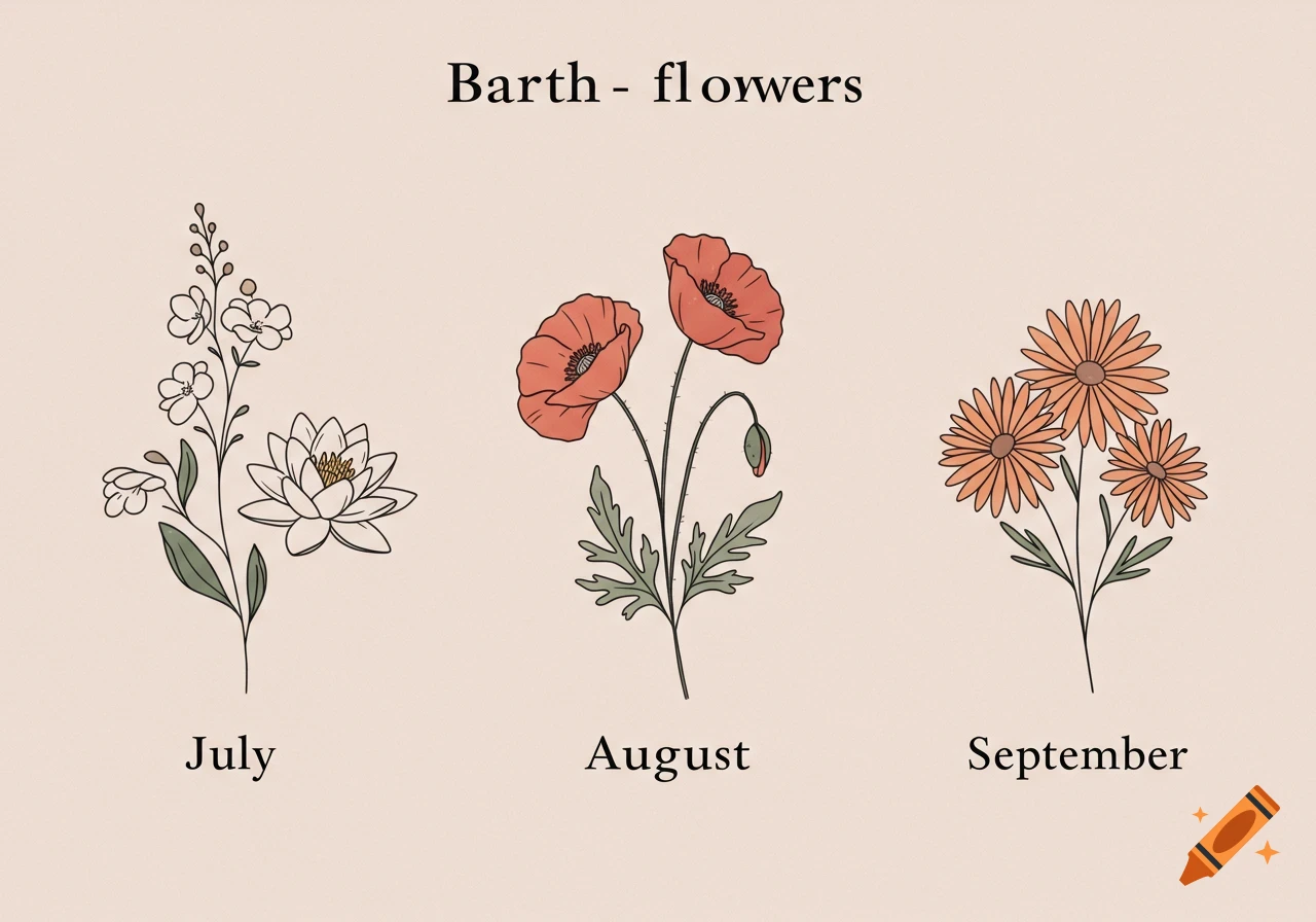 Minimalist botanical illustrations of a white water lily for July, red poppies for August, and orange daisies for September, on a light background.