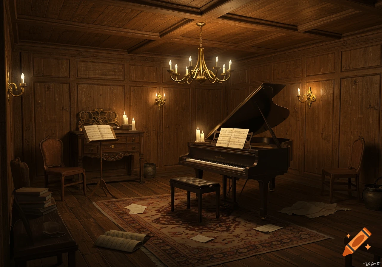 A grand piano in a richly decorated wooden room, illuminated by candles and a chandelier, with music sheets and antique furniture.