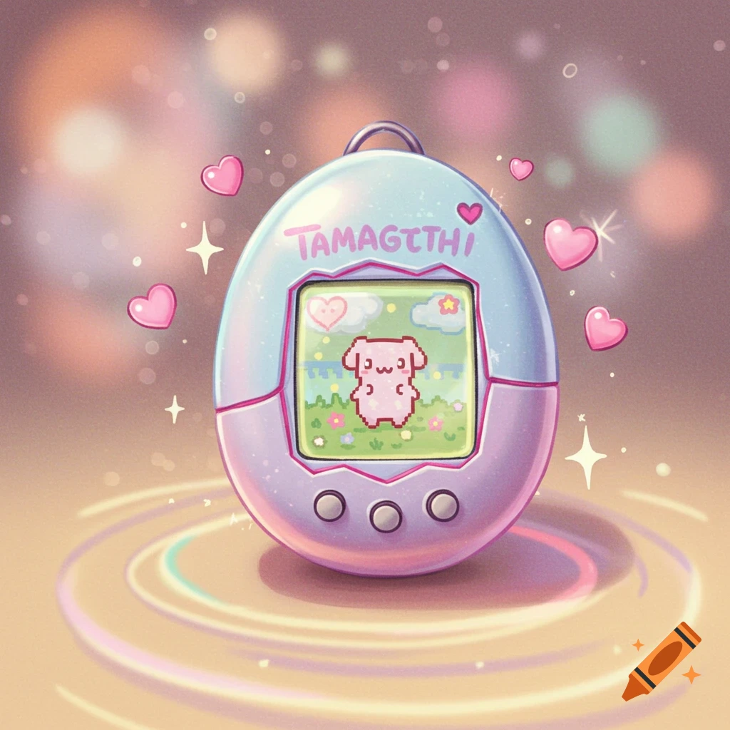 A pastel virtual pet device like a Tamagotchi, featuring a pixel art character on its screen, surrounded by pink hearts and sparkles.