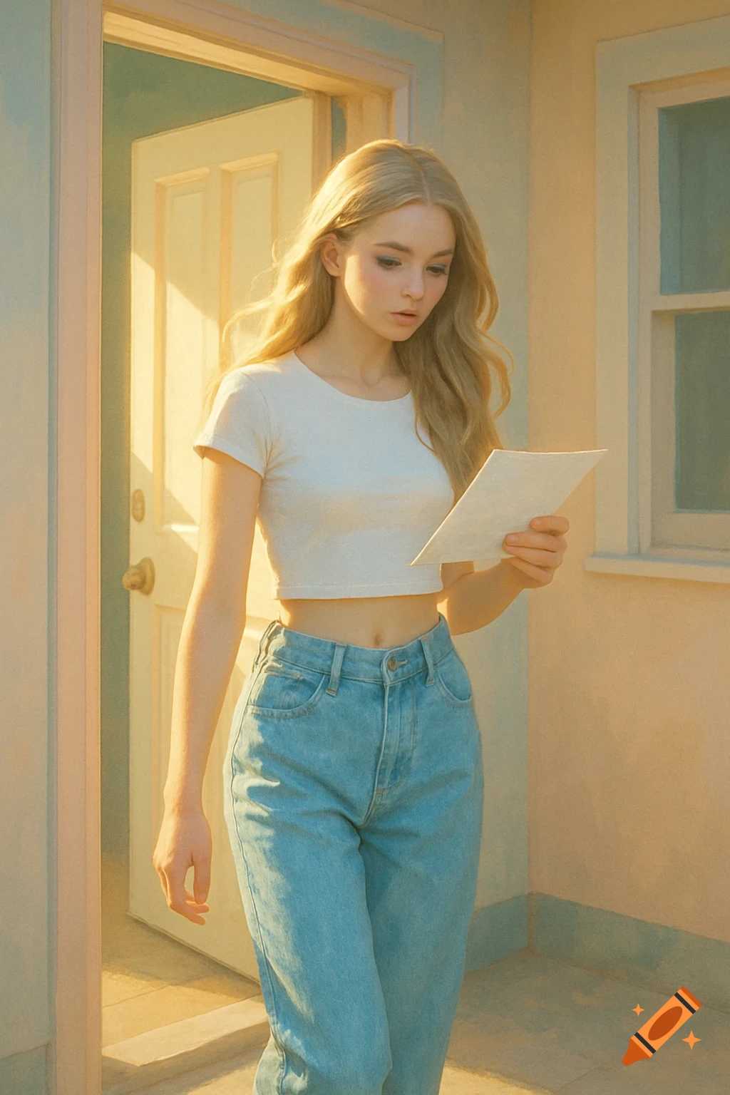 Photorealistic image of a blonde woman in a white crop top and baggy jeans, leaving a house while reading a paper.
