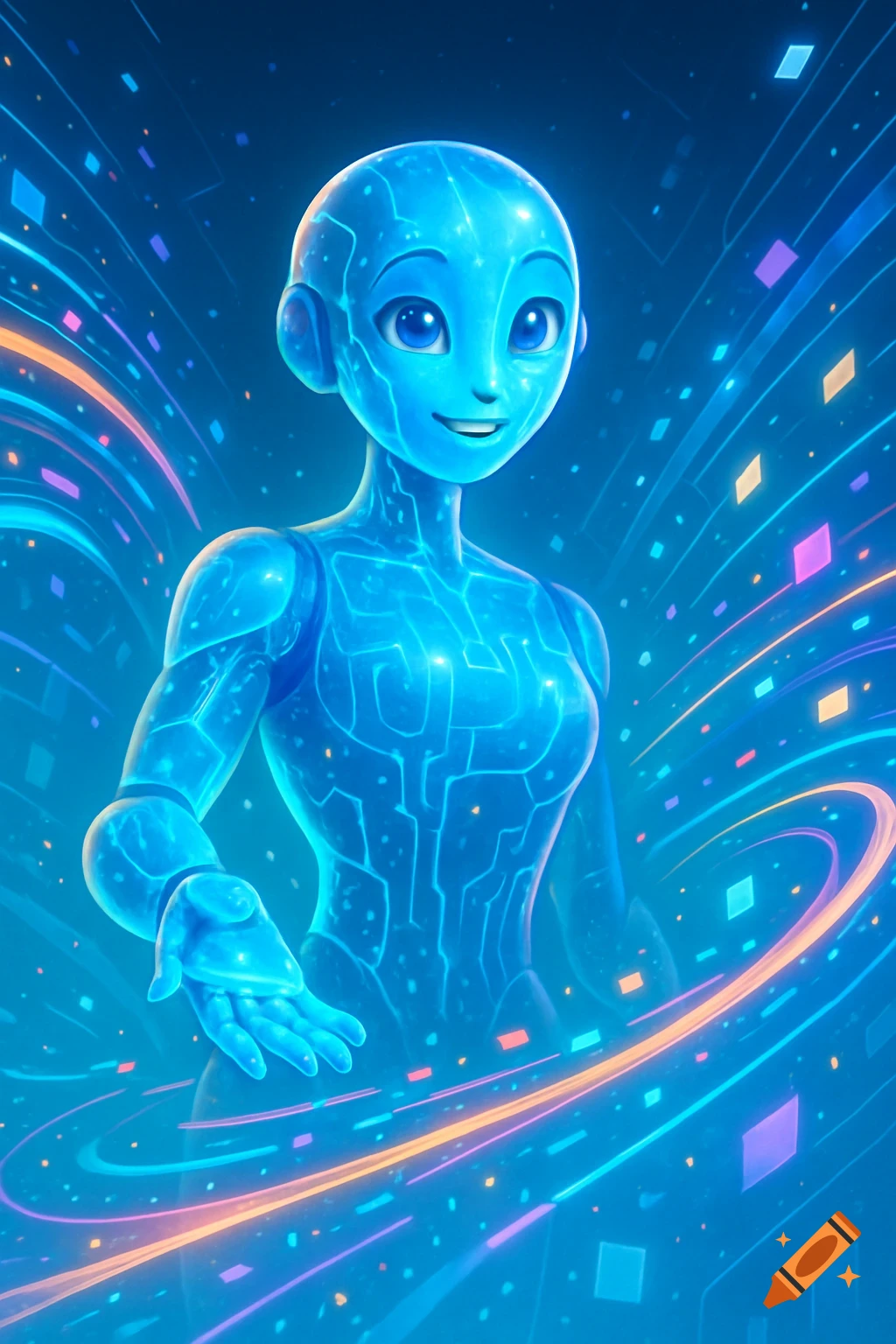 A vibrant blue, glowing humanoid figure with circuit patterns extends a hand amidst swirling neon light trails and digital squares.