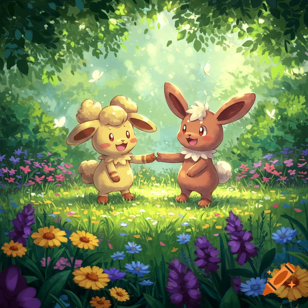 Two cute, furry Pokemon-like creatures holding hands in a lush, green forest clearing filled with colorful wildflowers and butterflies.