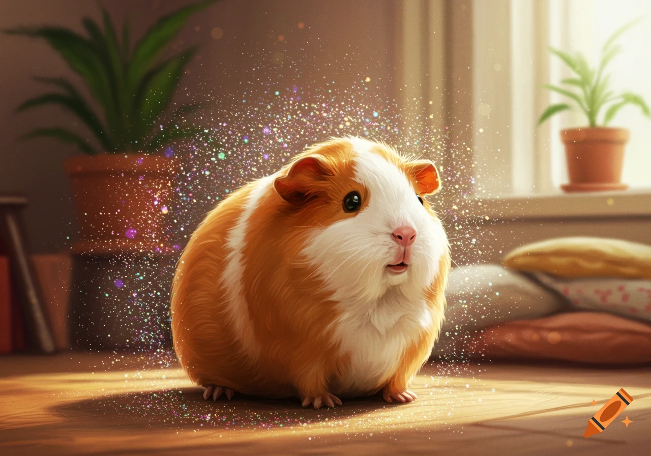 A cute fluffy guinea pig with orange and white fur stands on a wooden floor, surrounded by sparkling colorful glitter.