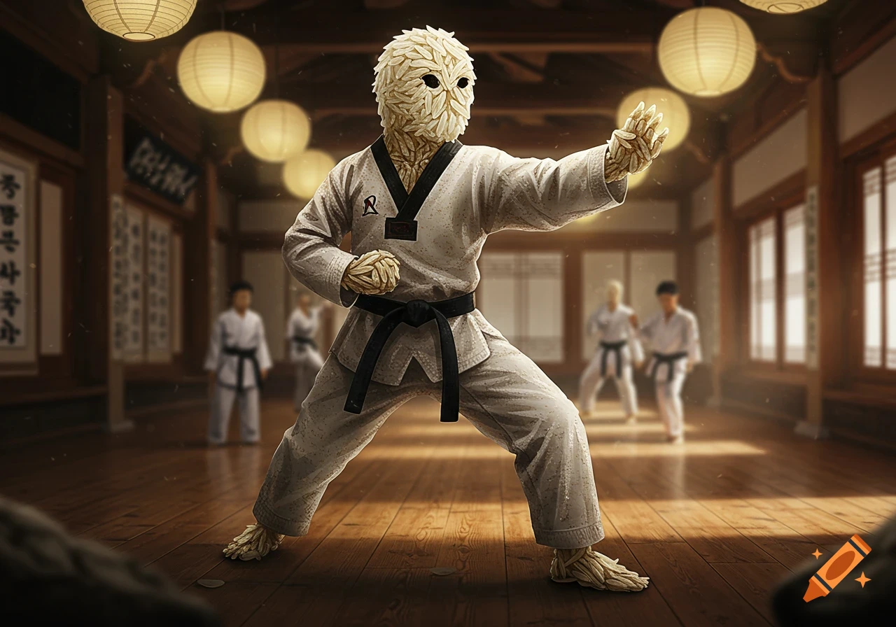 A fantastical figure with a body and head made of rice grains, wearing a white taekwondo gi and black belt, strikes a pose in a traditional dojo.