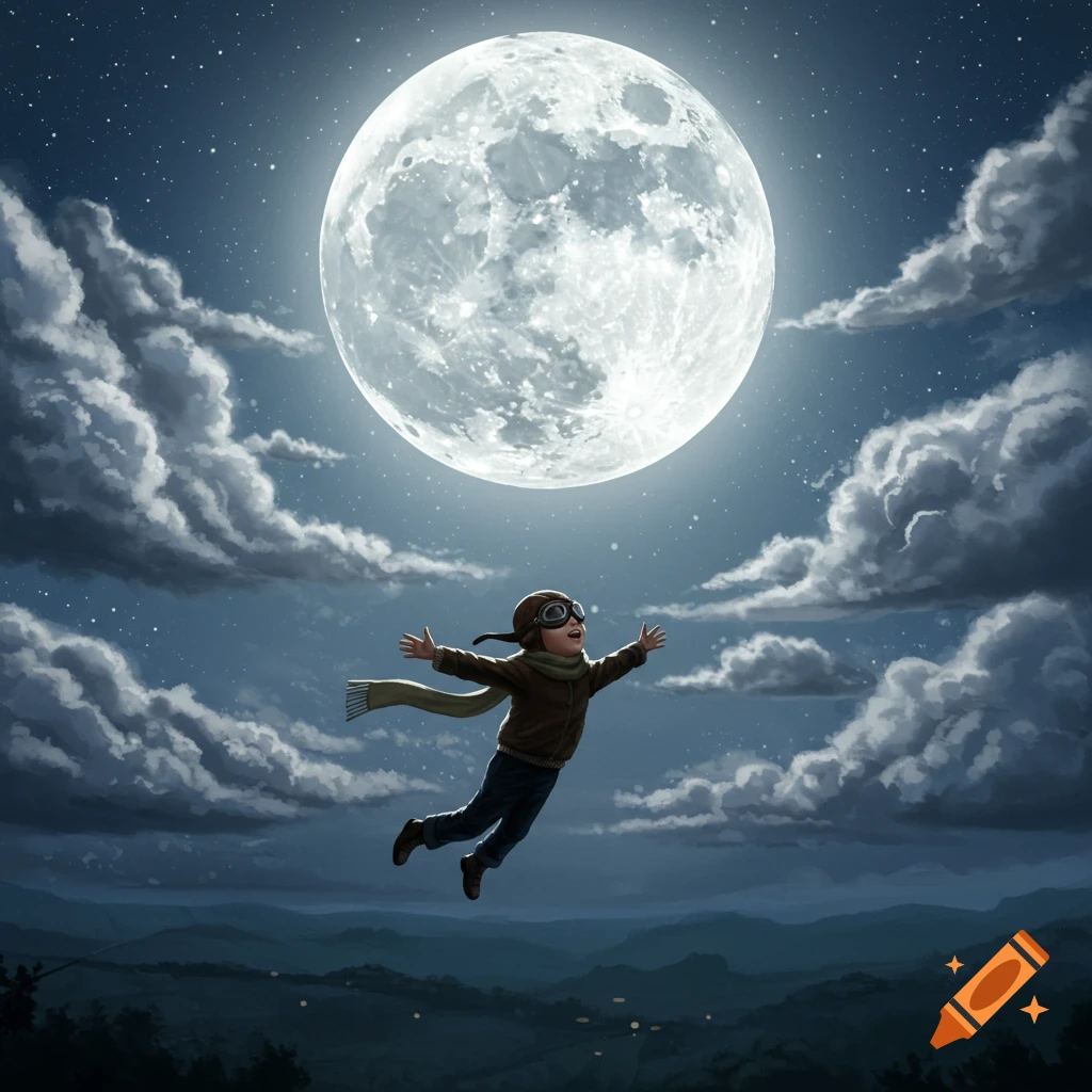 A young boy in a pilot's cap and goggles flies with outstretched arms towards a large full moon in a starry night sky above mountains.