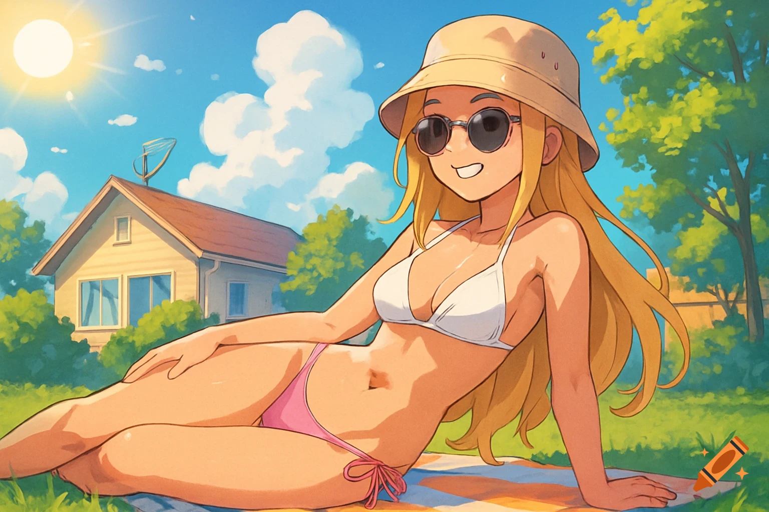 Anime-style young woman in a bikini sunbathing on a towel in a sunny backyard with a house and trees.