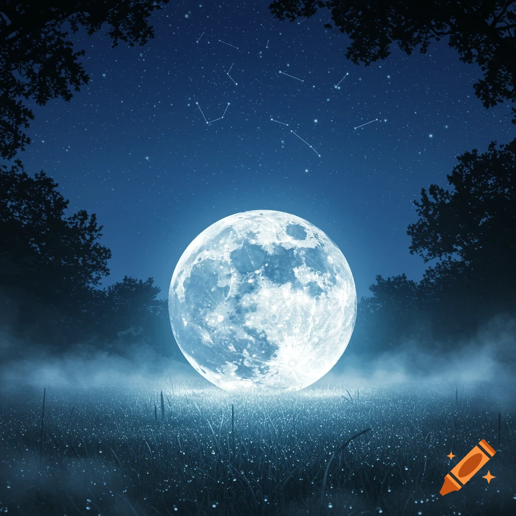 A large, luminous full moon sits on a misty, dewy field at night, framed by trees under a star-filled sky with constellations.