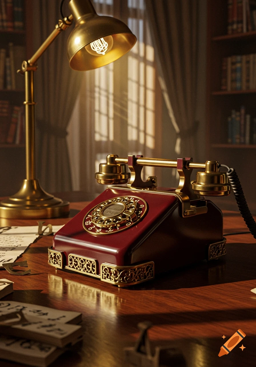 A close-up, warm-toned photorealistic image of a vintage red and gold rotary telephone on a wooden desk, illuminated by a brass desk lamp. Papers and letter cutouts are scattered nearby. Sunlight streams through a window in the background.