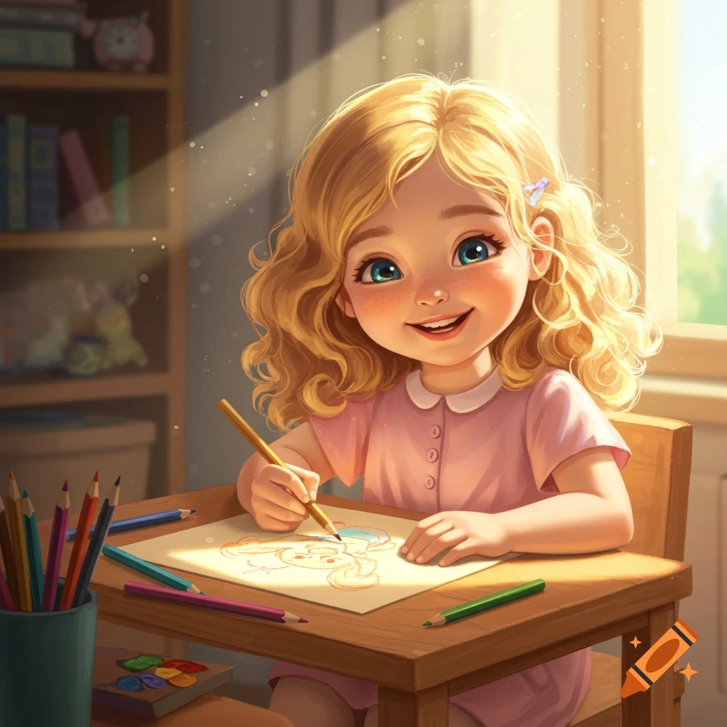 A cute, smiling blonde girl with blue eyes sits at a wooden desk, drawing on paper with a pencil, surrounded by colored pencils, in a sunlit room.