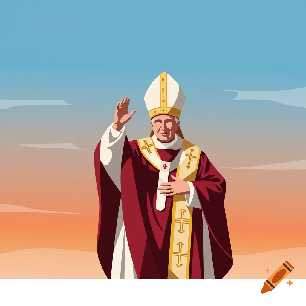 A vector illustration of a pope in red and white robes waving against a blue and orange sky.