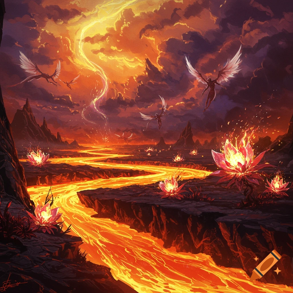 Fiery fantasy landscape with rivers of lava, glowing lotus-like flowers, and winged figures flying under an orange and purple sky.