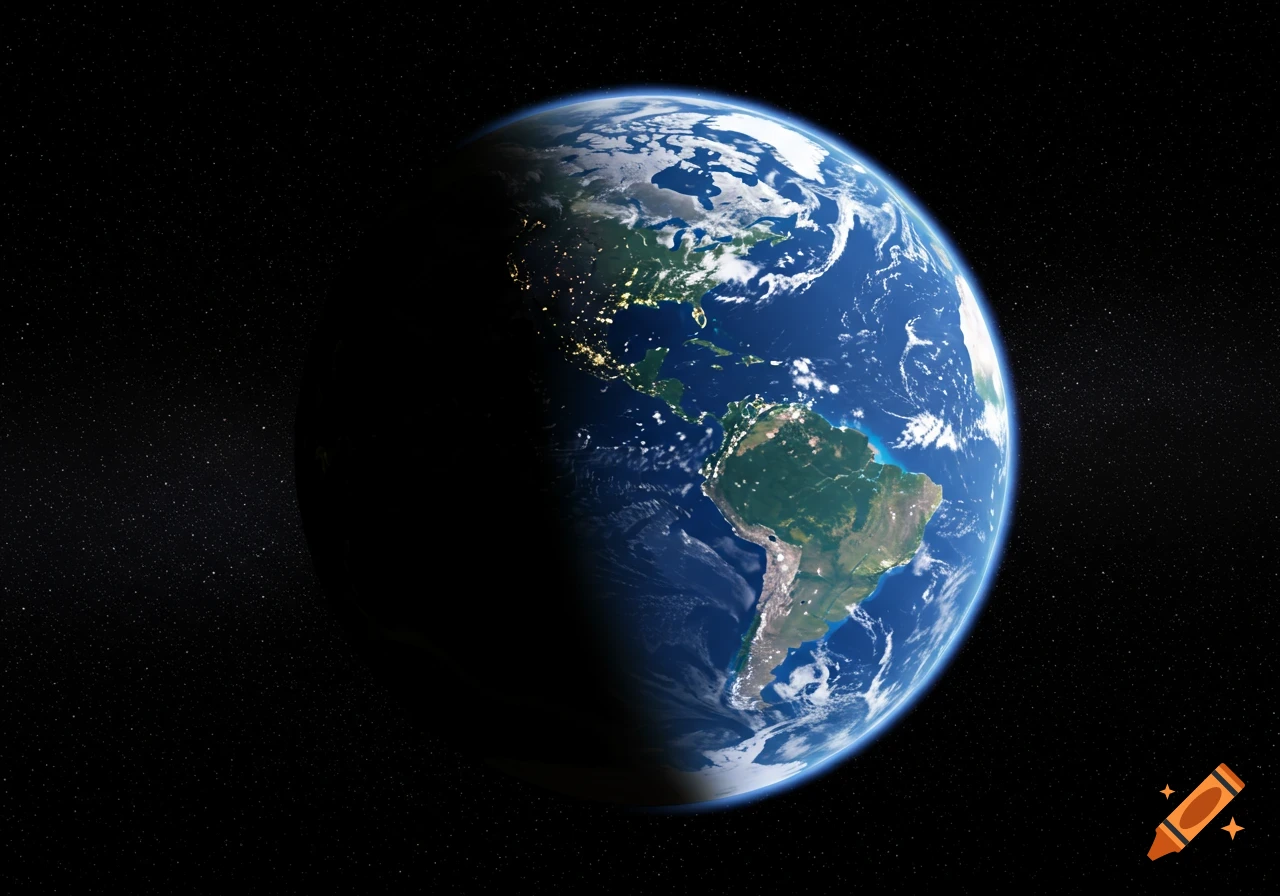 A detailed photorealistic view of Earth from space, with North and South America visible, day and night split, and stars.