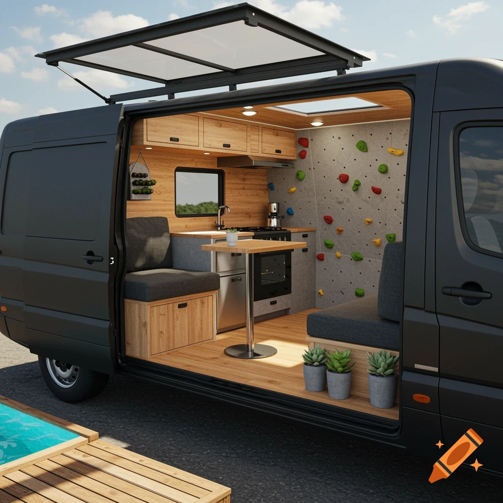 A black camper van with its side door open, revealing a custom interior featuring a kitchen, wooden floor, a gray climbing wall with colorful holds, and seating. A small blue pool is outside.