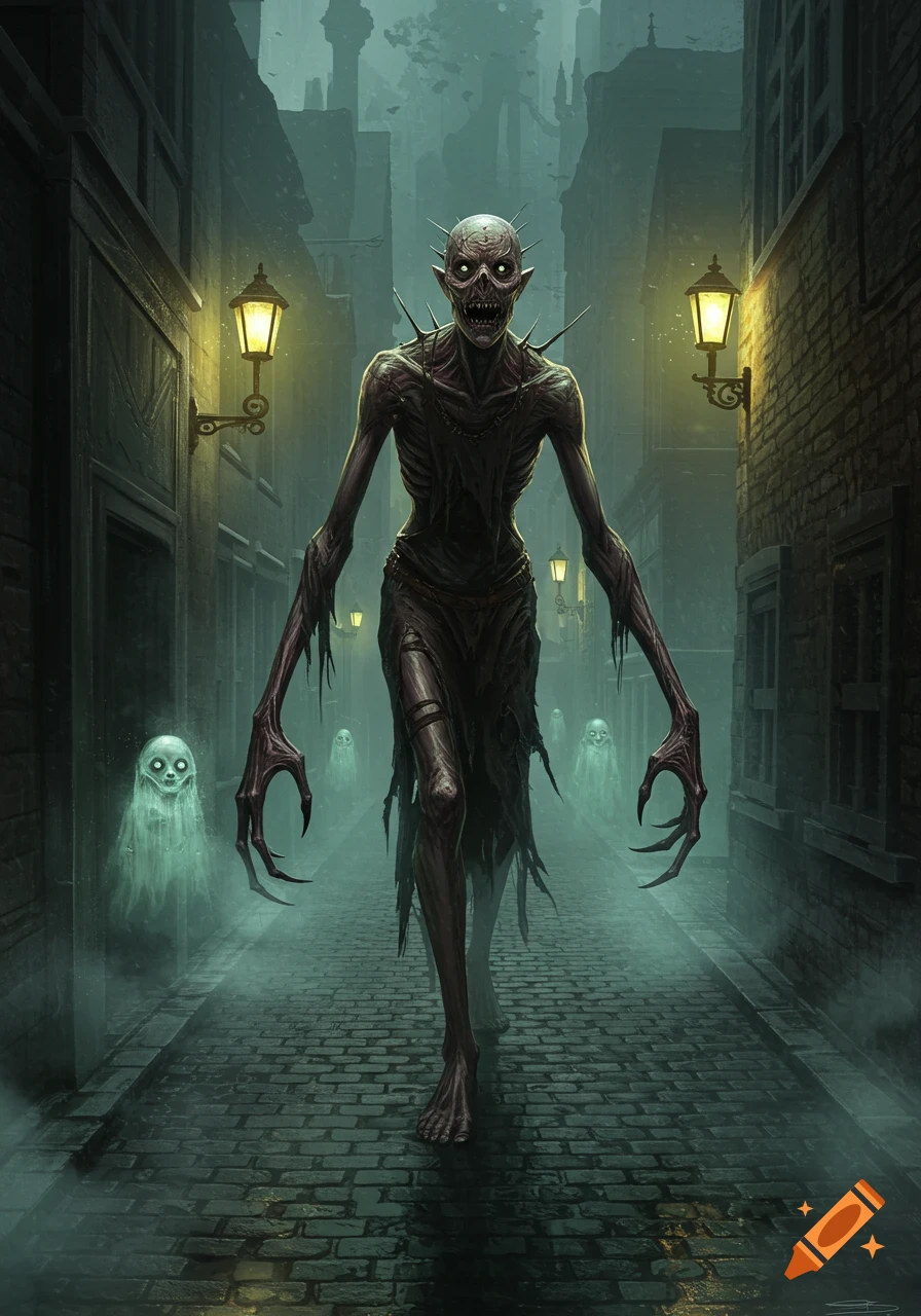 A gaunt, skeletal creature with sharp claws and glowing eyes walks down a foggy, lamp-lit cobblestone alley with ghostly figures.