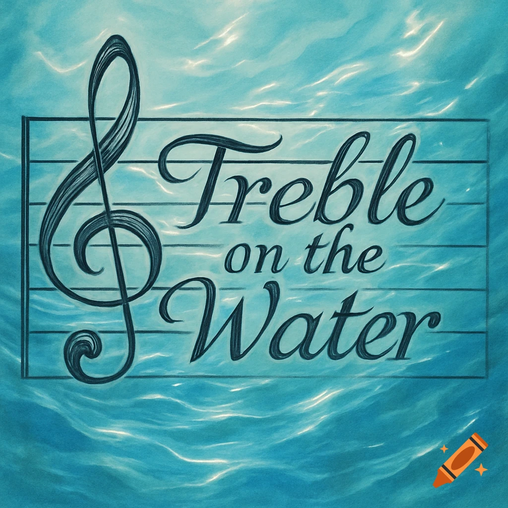 A treble clef next to the words 'Treble on the Water' inside a rectangular frame, set against a background of blue rippling water.