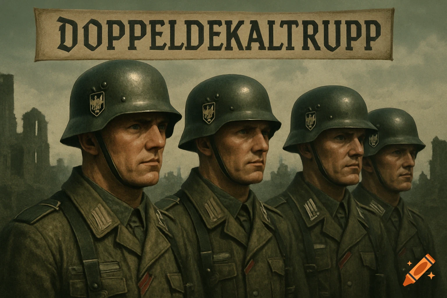 Four WWII German soldiers in olive green uniforms and steel helmets stand against a backdrop of ruins, with a banner above reading 'DOPPELDEKALTRUPP'.