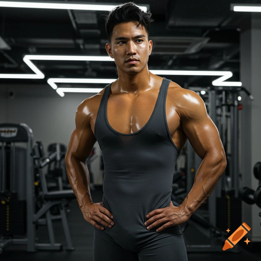 Photorealistic image of a muscular man in a gray singlet posing in a gym.