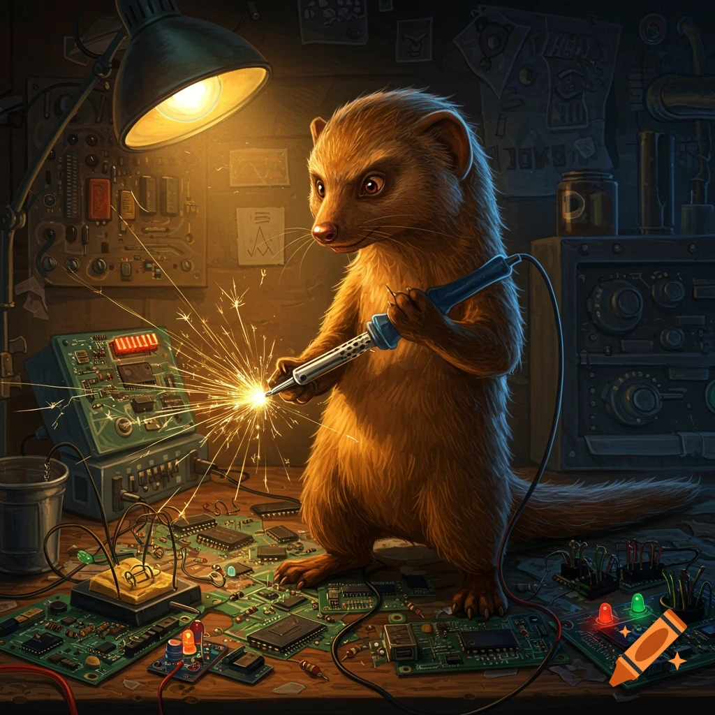 A brown mongoose intensely solders a circuit board on a cluttered workshop table, sparks flying from the soldering iron. The scene is illuminated by a desk lamp.