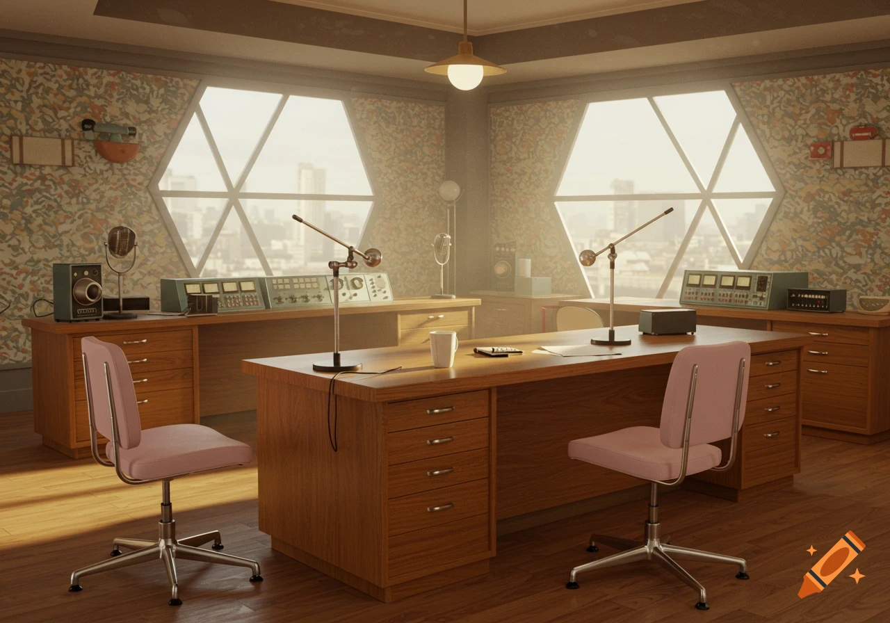 Photorealistic retro broadcast studio with two wooden desks, microphones, pink chairs, and hexagonal windows overlooking a city.