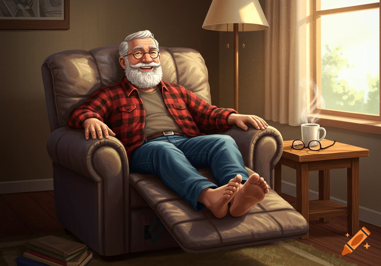 A happy grandfather with a gray beard and flannel shirt relaxes in a recliner with bare feet, a coffee cup, and glasses on a side table.
