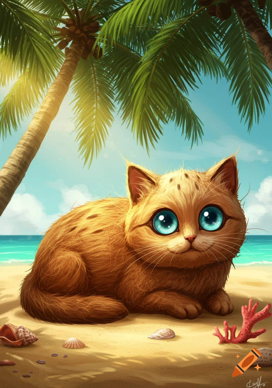 A big-eyed, orange cartoon cat sits on a sandy beach with palm trees and the blue ocean in the background.